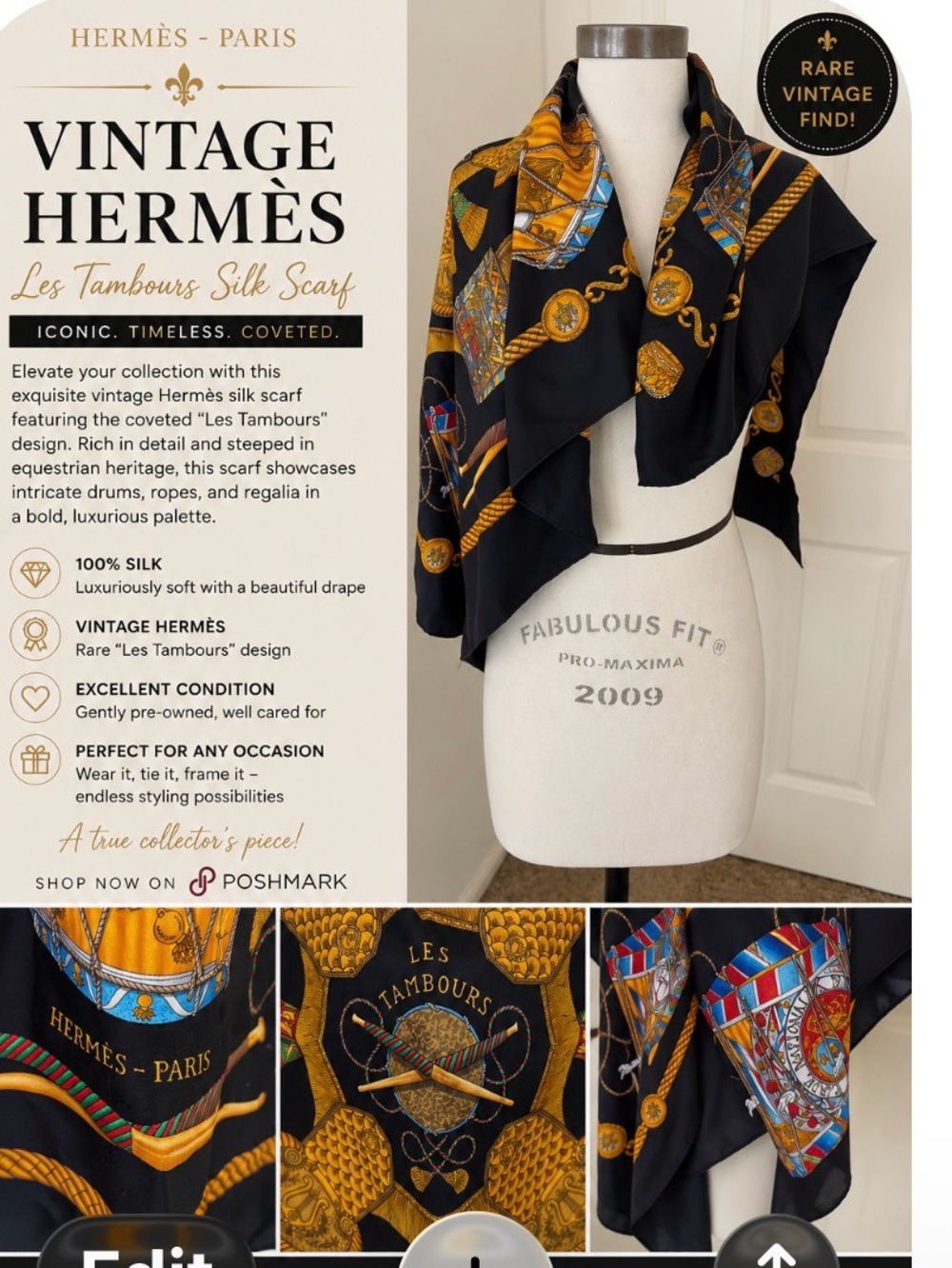 Vintage Hermès Les Tambours Silk Scarf - Black & Gold